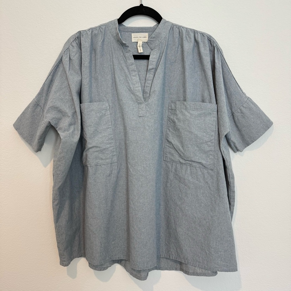 Laude The Label Blue Cotton Oversized Short Sleeve V Neck Tunic Top